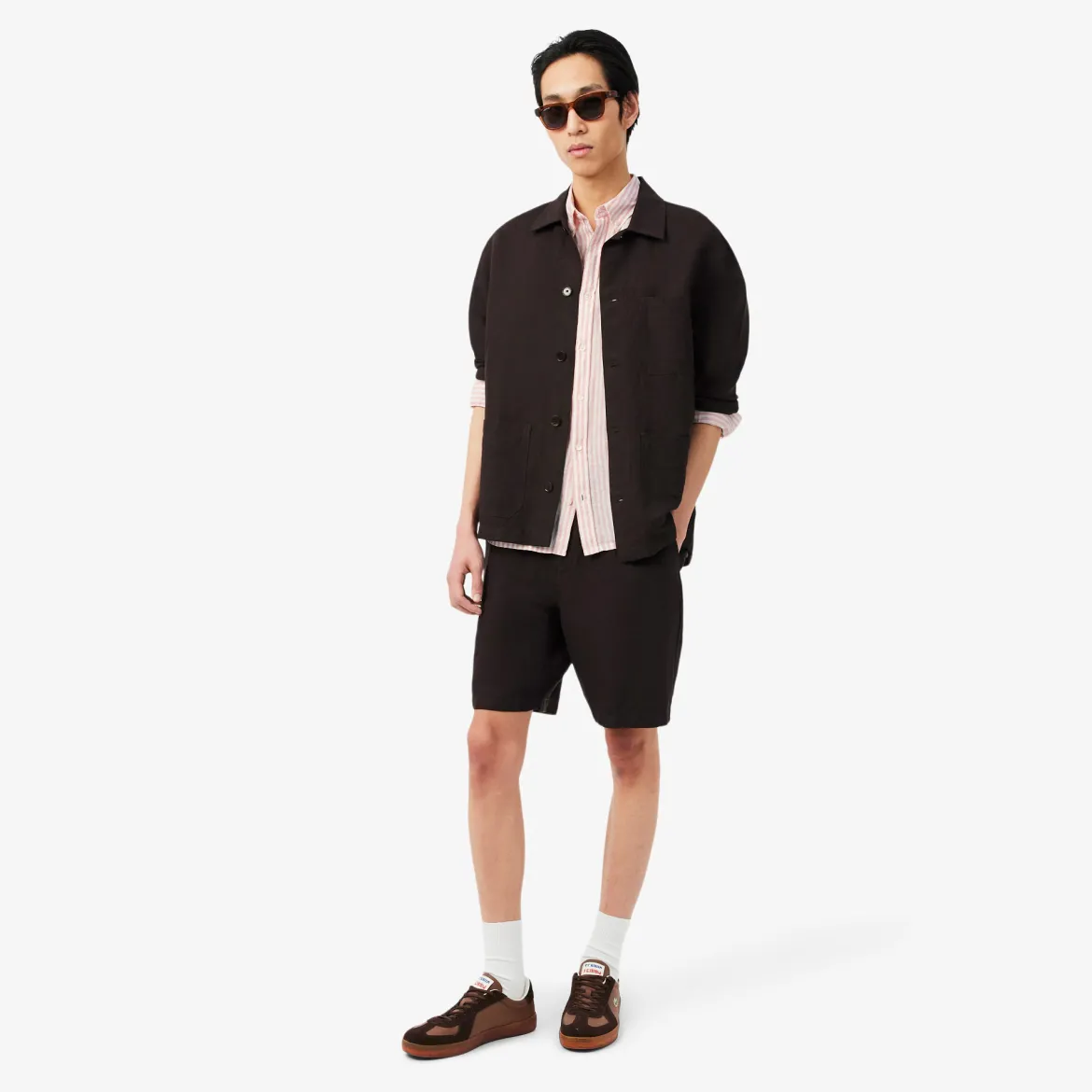 Lacoste miesten kauluspaita Reg Fit Striped Linen Shirt, raidallinen pinkki