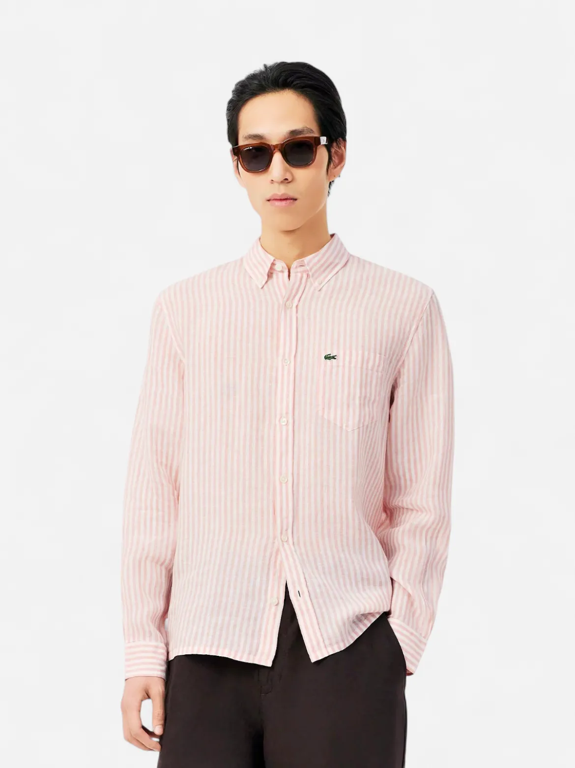 Lacoste miesten kauluspaita Reg Fit Striped Linen Shirt, raidallinen pinkki