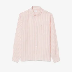 Lacoste miesten kauluspaita Reg Fit Striped Linen Shirt, raidallinen pinkki