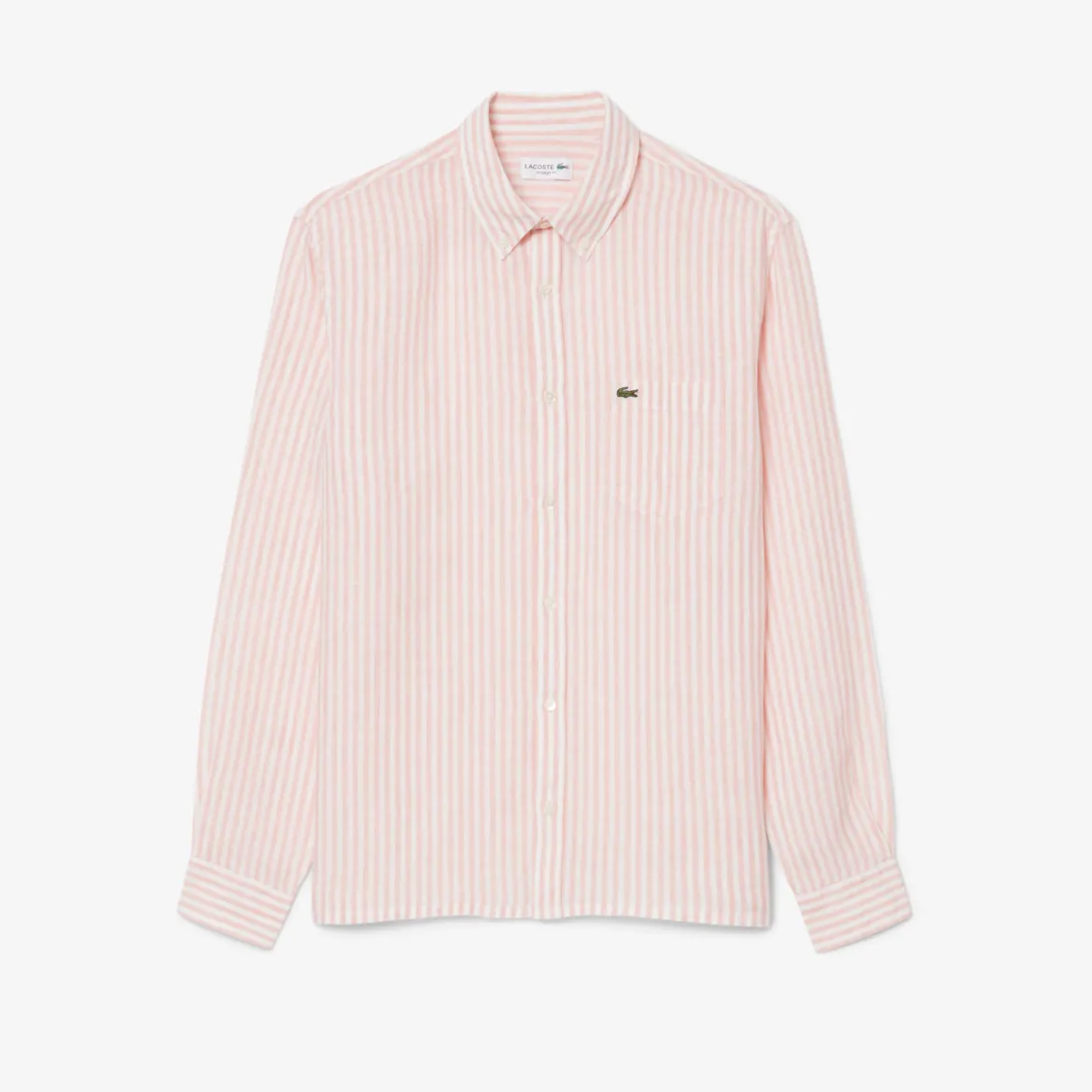 Lacoste miesten kauluspaita Reg Fit Striped Linen Shirt, raidallinen pinkki