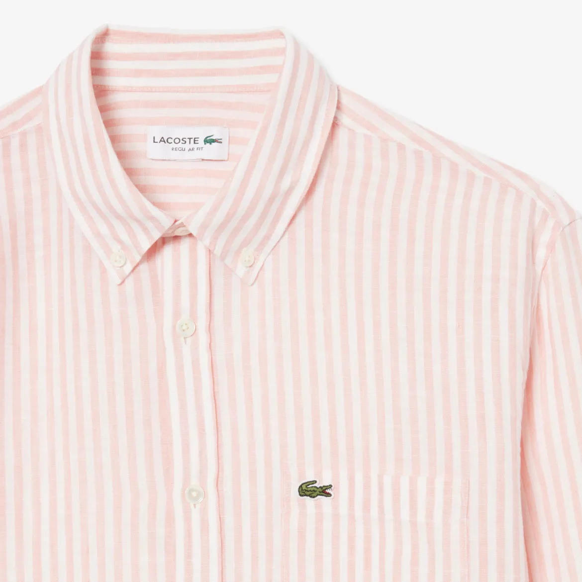 Lacoste miesten kauluspaita Reg Fit Striped Linen Shirt, raidallinen pinkki