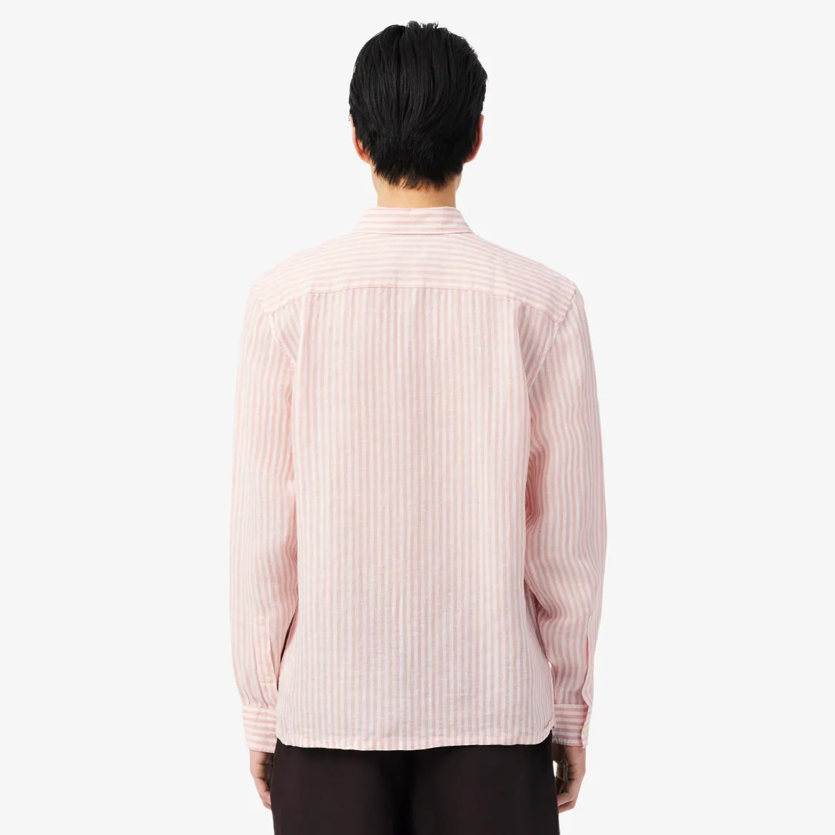 Lacoste miesten kauluspaita Reg Fit Striped Linen Shirt, raidallinen pinkki