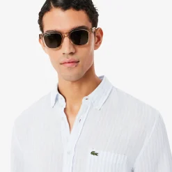 Lacoste miesten kauluspaita Reg Fit Striped Linen Shirt, raidallinen sininen