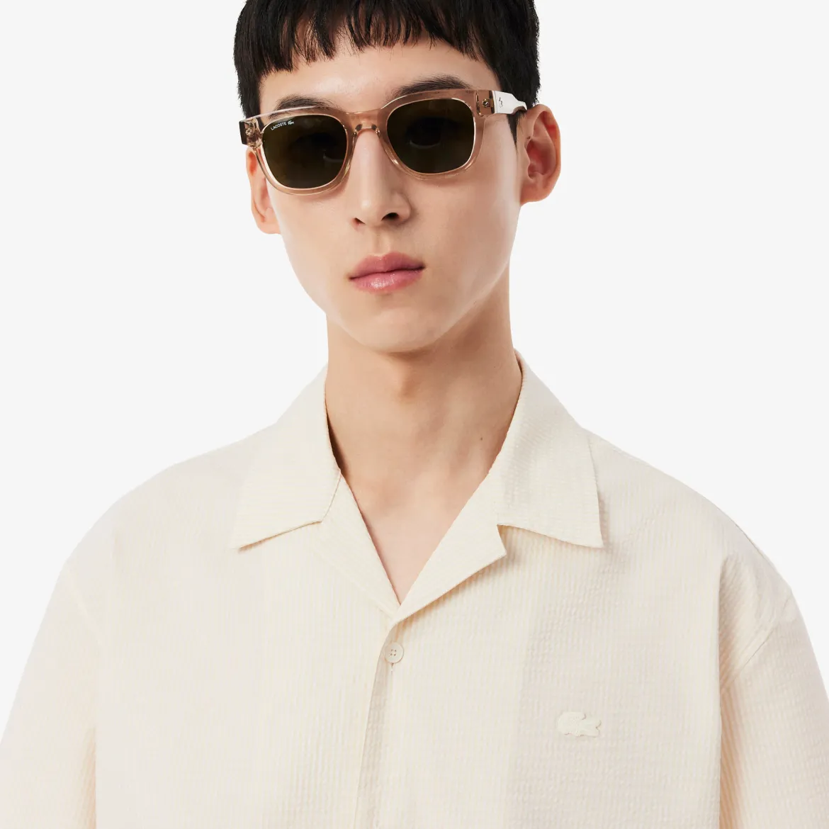 Lacoste miesten lyhythihainen kauluspaita Relaxed Fit Waffle Texture Shirt, valkoinen