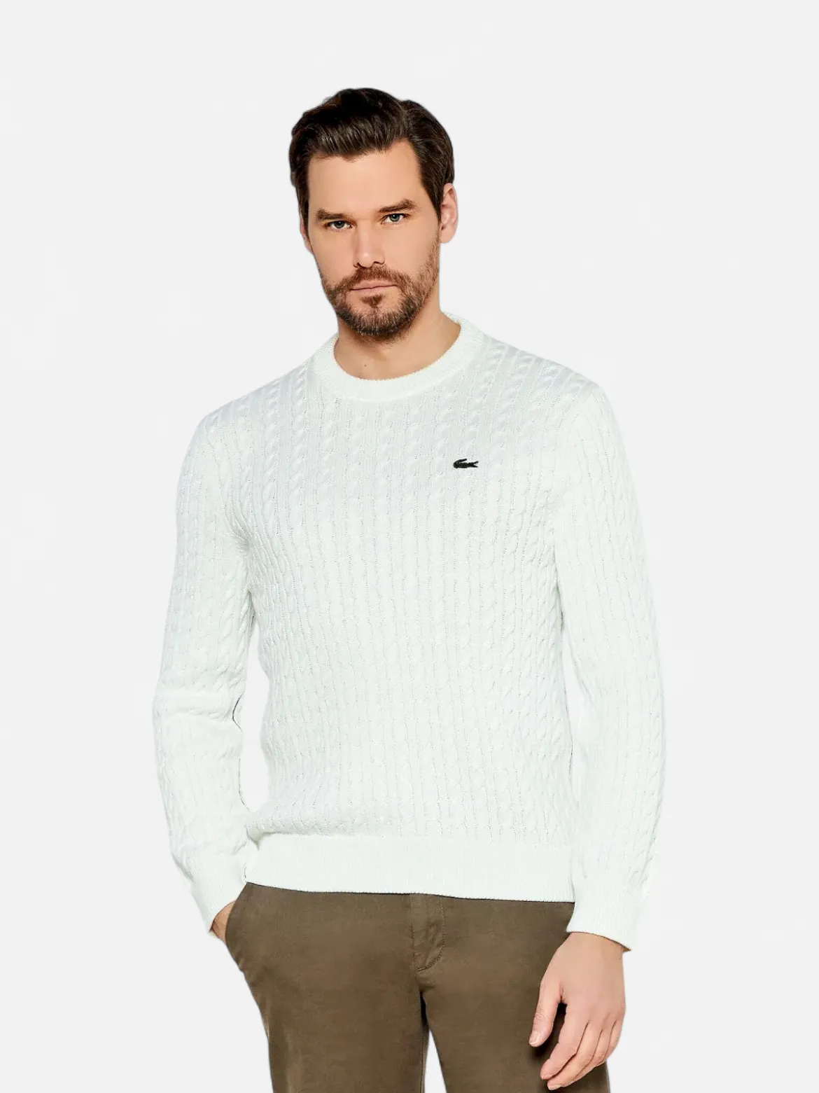 Lacoste miesten neulepusero Cable Knit Cotton Sweater, valkoinen