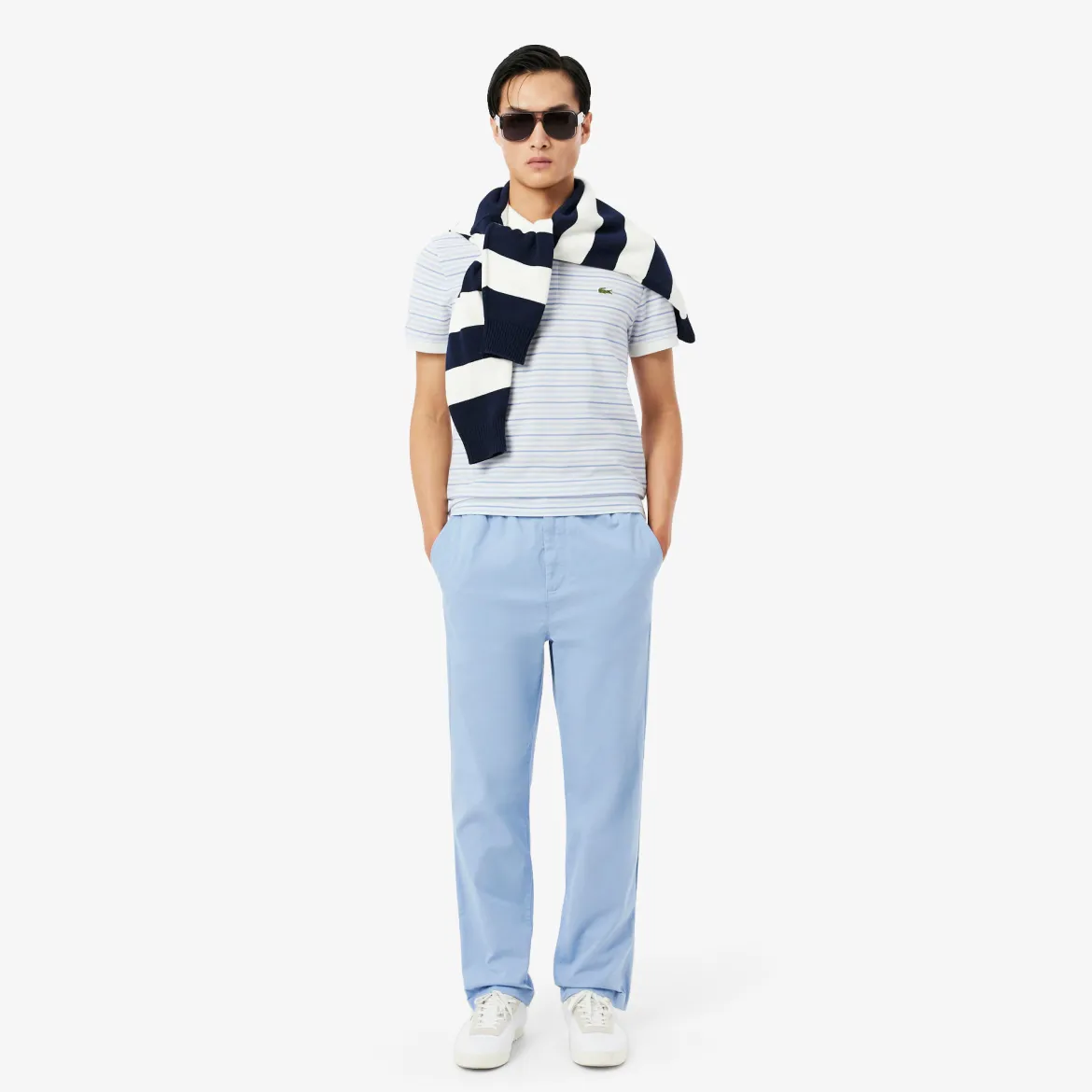 Lacoste miesten pikeepaita Striped Mini Piqué Polo, raidallinen valkoinen
