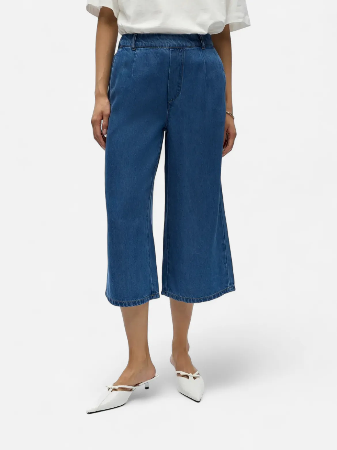 Object naisten housut OBJFrame MW Culotte Pant Noos, Medium Blue Denim