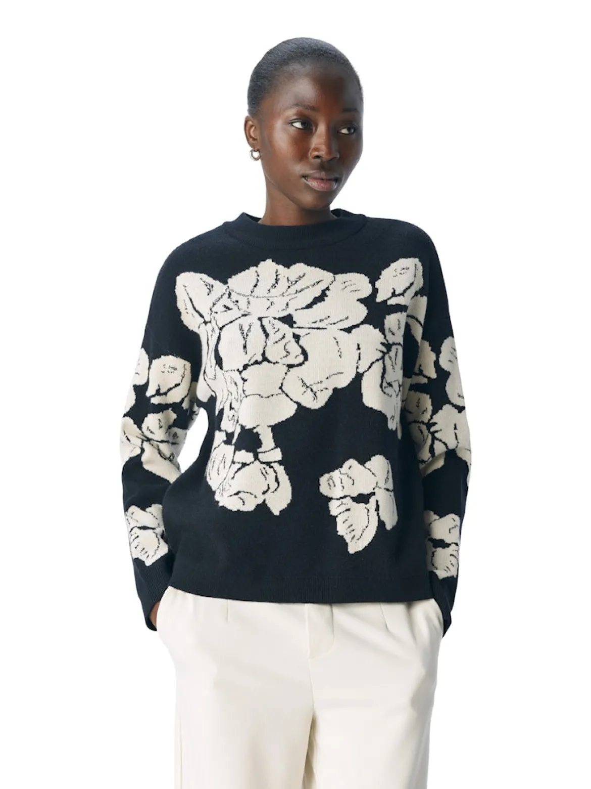 Object Naisten Neulepaita, OBJray LO L/S Knit Pullover Black Sandshell Flow