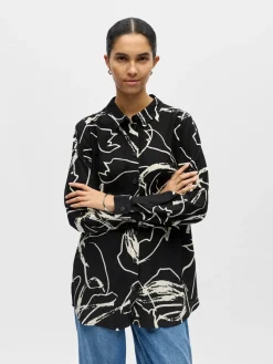 Object naisten paitapusero OBJSanne L/S Shirt, musta kuviollinen