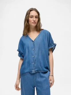 Object naisten pusero OBJFRAME 2/4 V-Neck RE Top, Medium Blue Denim