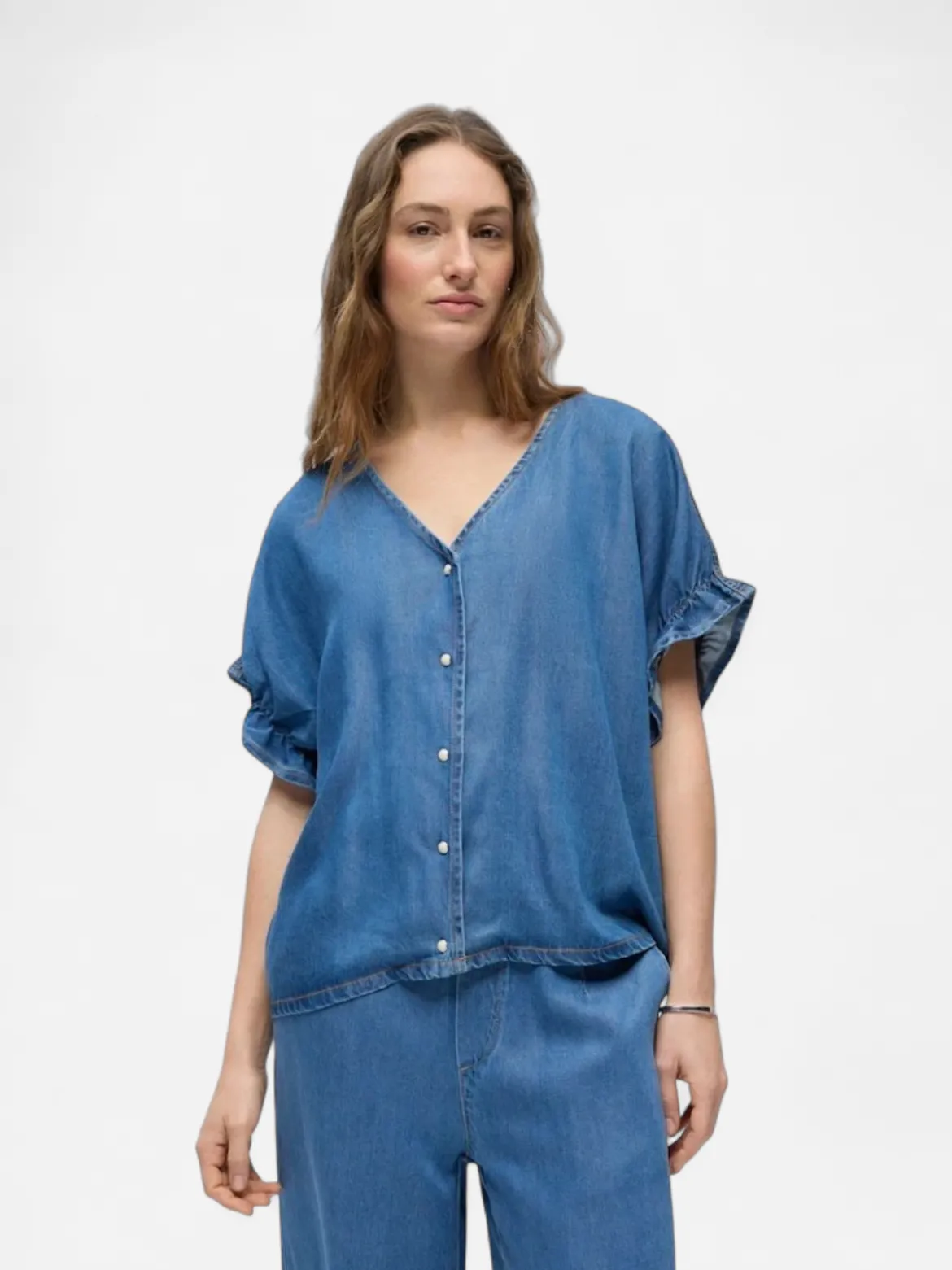 Object naisten pusero OBJFRAME 2/4 V-Neck RE Top, Medium Blue Denim