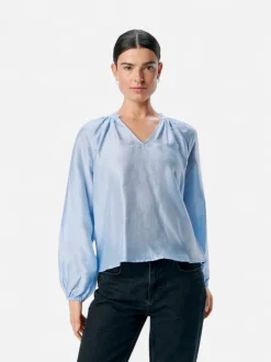 Object naisten pusero, OBJHEIDI L/S LO V-NECK TOP Cornflower Blue
