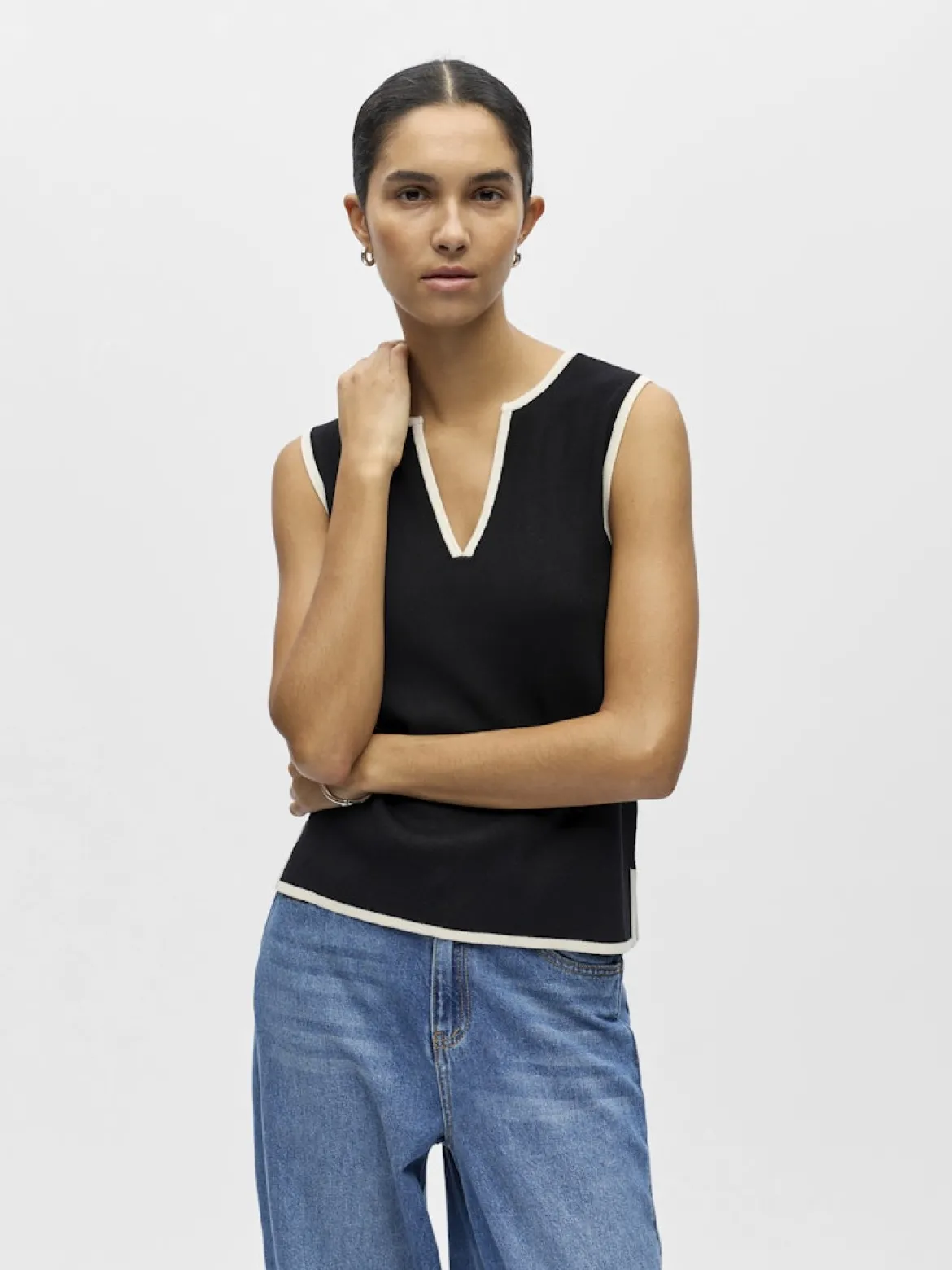 Object naisten toppi OBJVIVA S/L Re V-Neck Knit Top, Black Birch constras