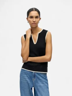 Object naisten toppi OBJVIVA S/L Re V-Neck Knit Top, Black Birch constras