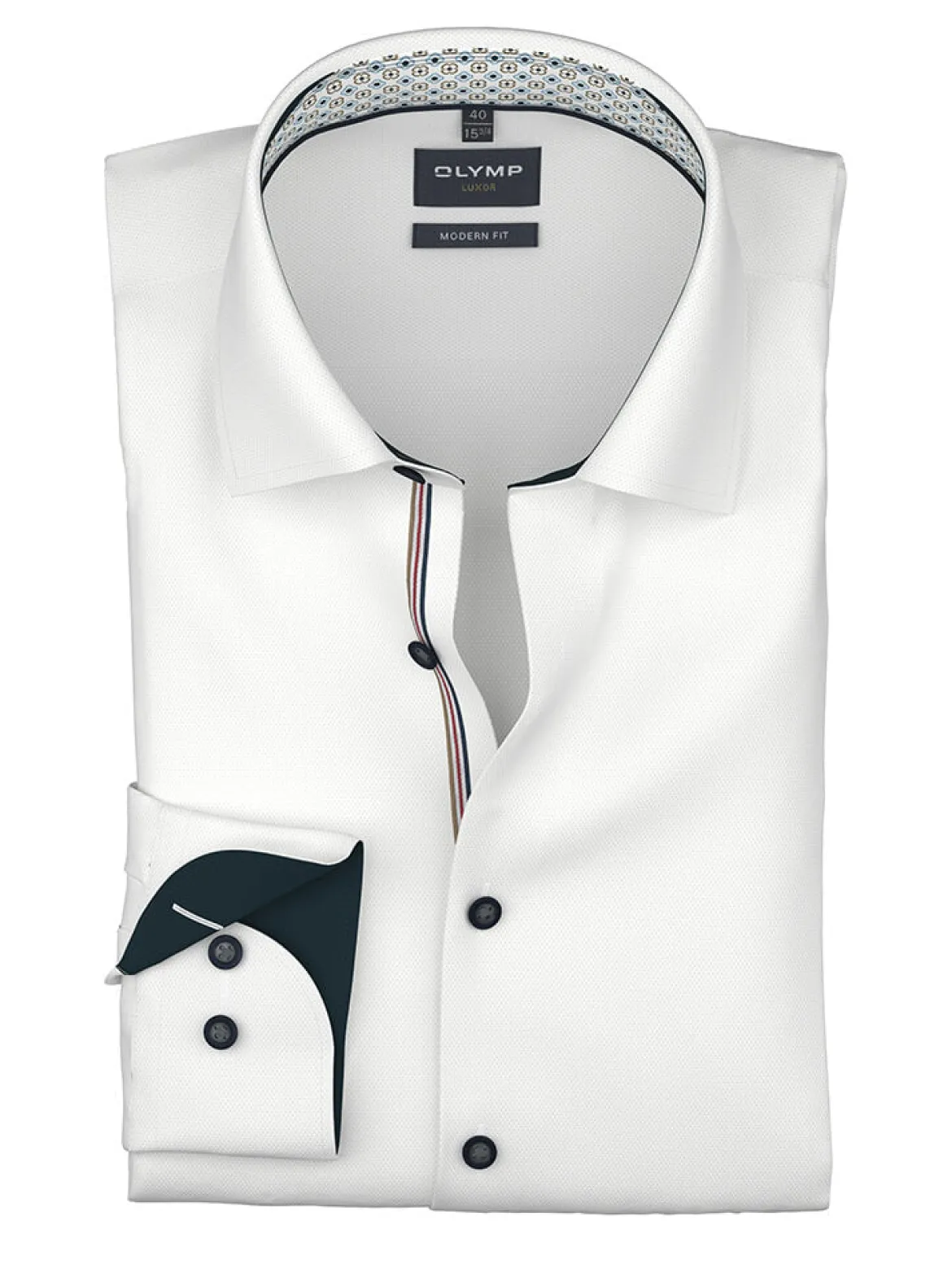 Olymp miesten kauluspaita +Hiha Luxor Modern Fit Contrast Print, valkoinen