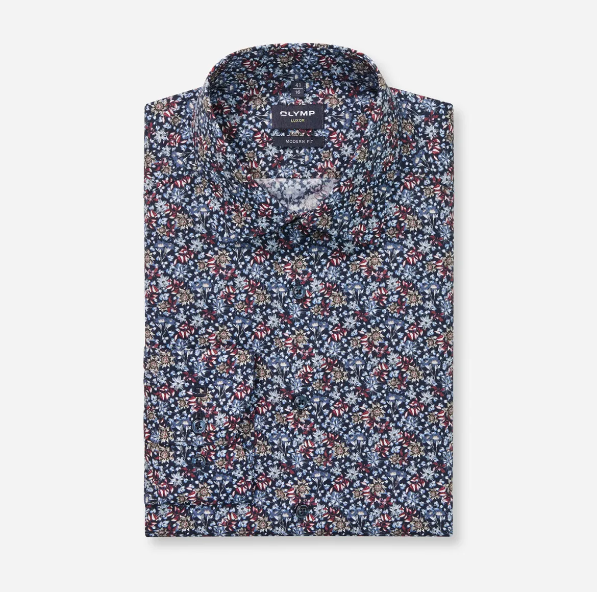 Olymp miesten kauluspaita, 042 LUXOR MODERN FIT FLORAL PRINT Tummansininen