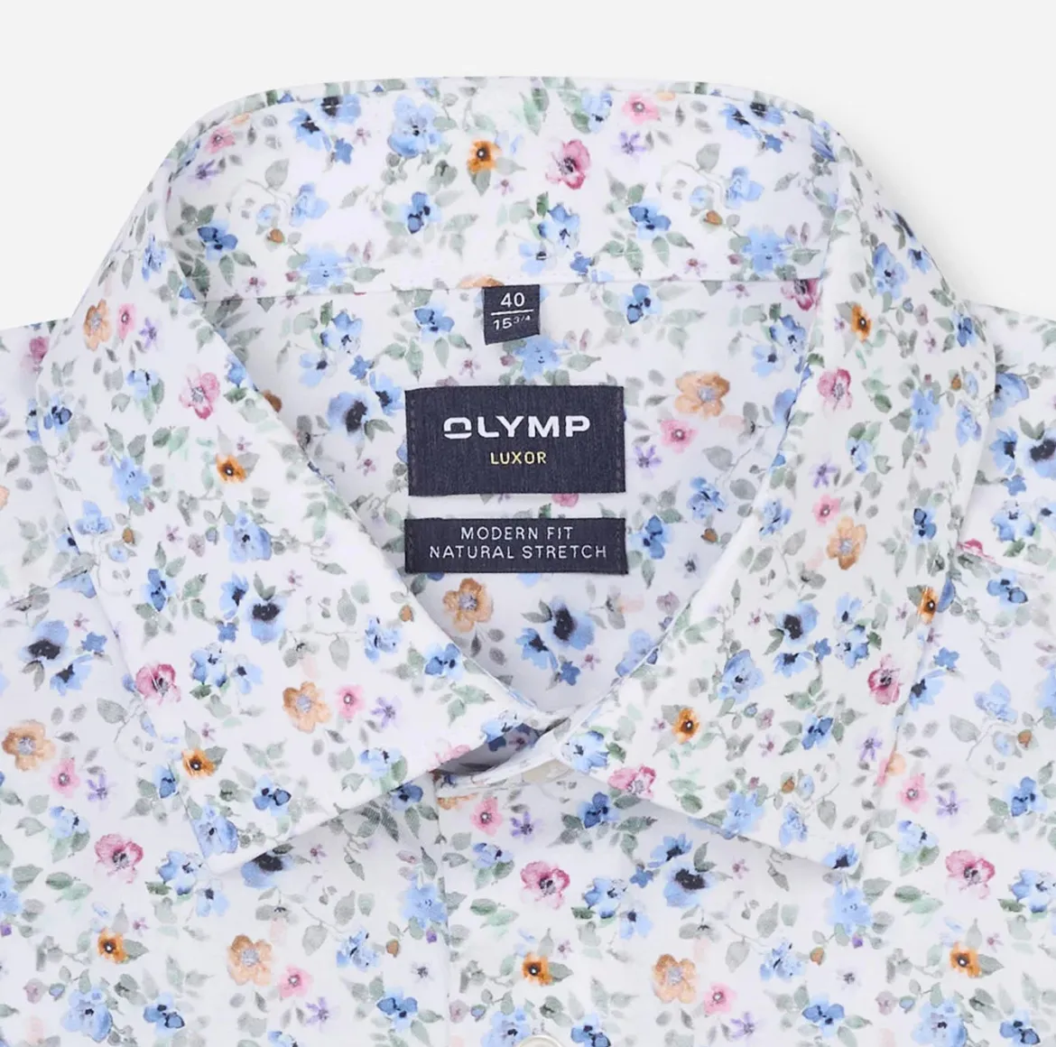 Olymp miesten lyhythihainen kauluspaita SS Luxor Modern Fit Floral Print, valkopohjainen kuosi
