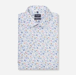 Olymp miesten lyhythihainen kauluspaita SS Luxor Modern Fit Floral Print, valkopohjainen kuosi