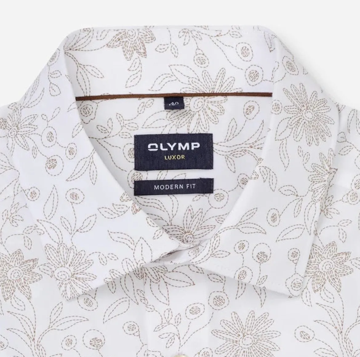 Olymp miesten lyhythihainen kauluspaita Luxor Modern Fit SS Floral Print, valkopohjainen kuosi