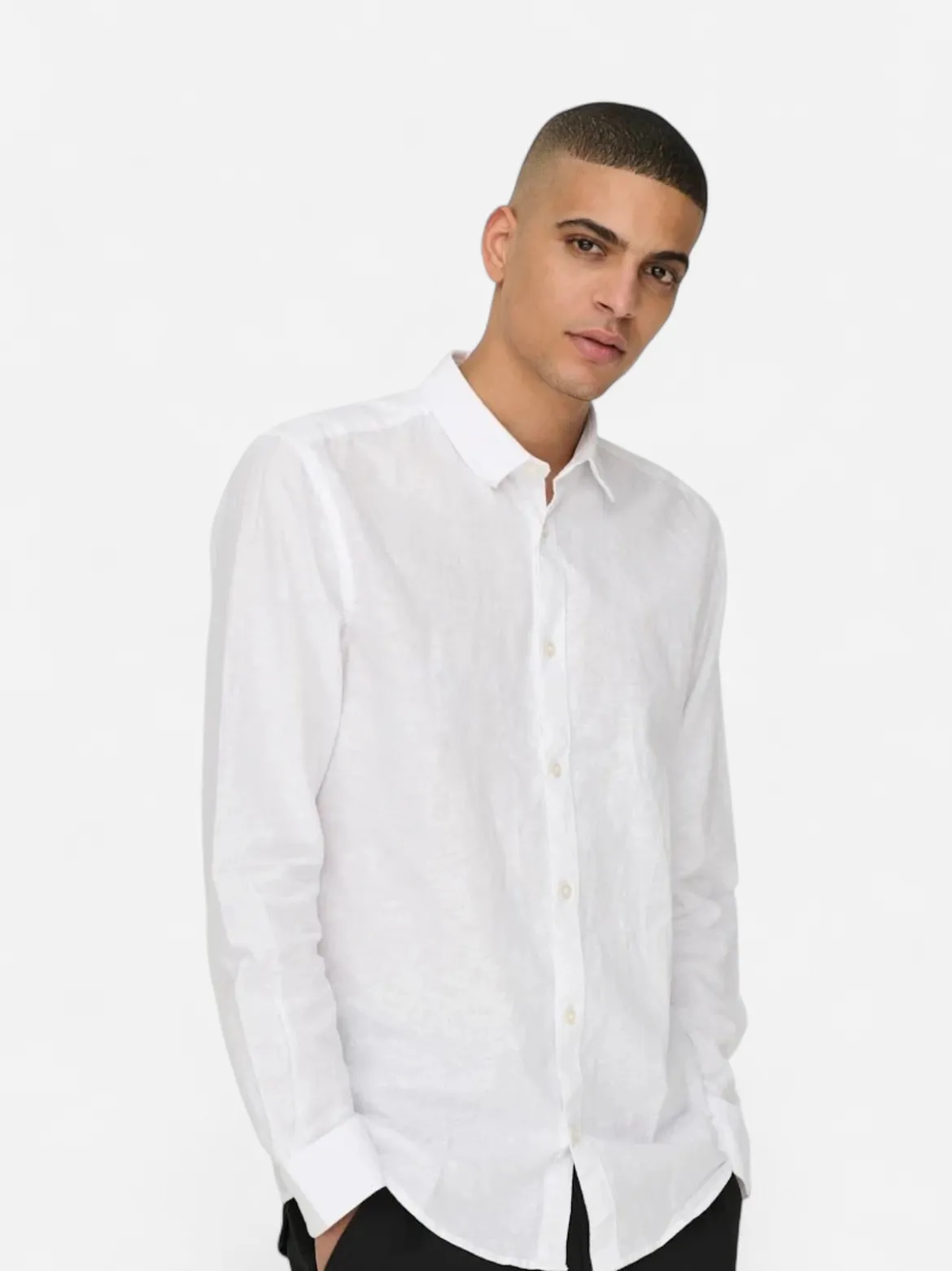 Only and Sons miesten kauluspaita ONSCaiden Life LS Solid Linen Blend Noos, White