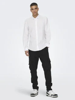 Only and Sons miesten kauluspaita ONSCaiden Life LS Solid Linen Blend Noos, White