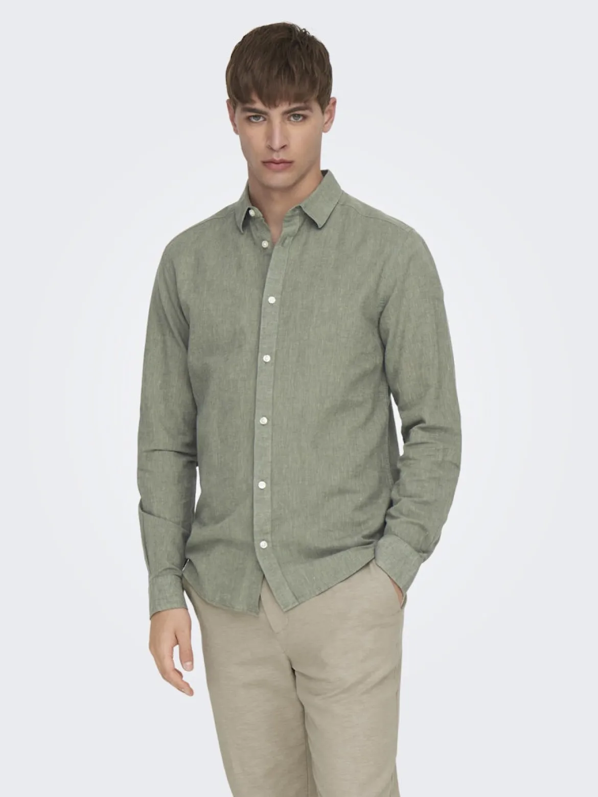 Only and Sons miesten kauluspaita ONSCaiden Life LS Solid Linen Blend Noos, Swamp