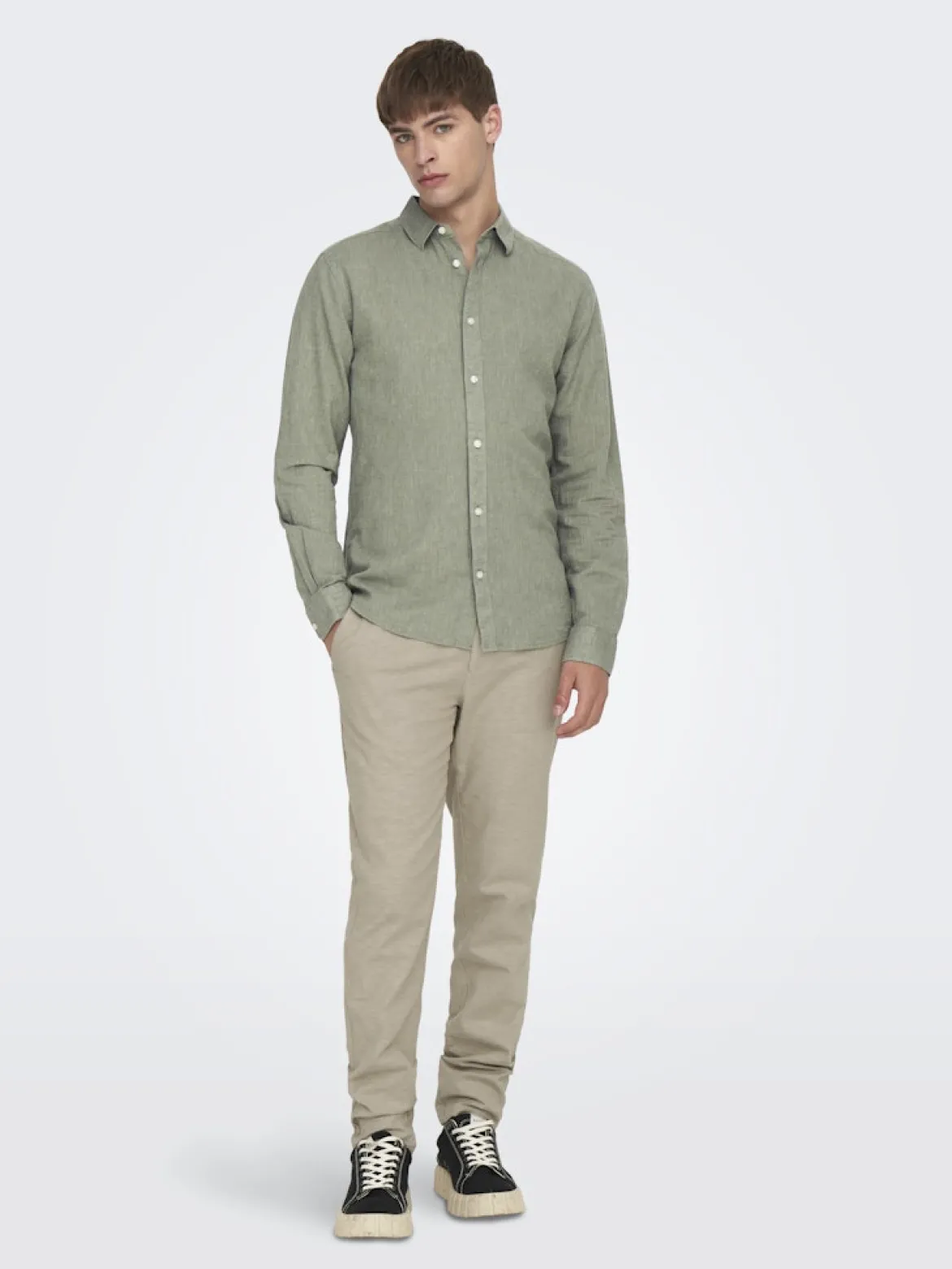 Only and Sons miesten kauluspaita ONSCaiden Life LS Solid Linen Blend Noos, Swamp