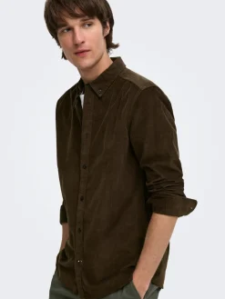 Only and Sons miesten kauluspaita Michael 18w Reg Cord Stretch Ls, Demitasse
