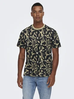 Only and Sons miesten t-paita ONSPerry Life Reg Leaf AOP SS Tee H, Silver Lining JET BL