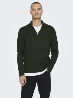 Only and Sons neule, PHIL COTTON HALF ZIP Armeijanvihreä