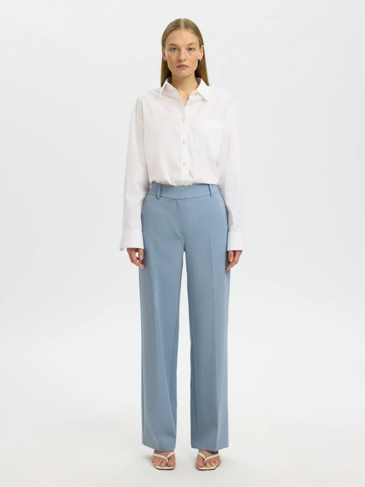 Selected Femme naisten housut Slfrita MW Wide Pant Mel, Dusty Blue Melange
