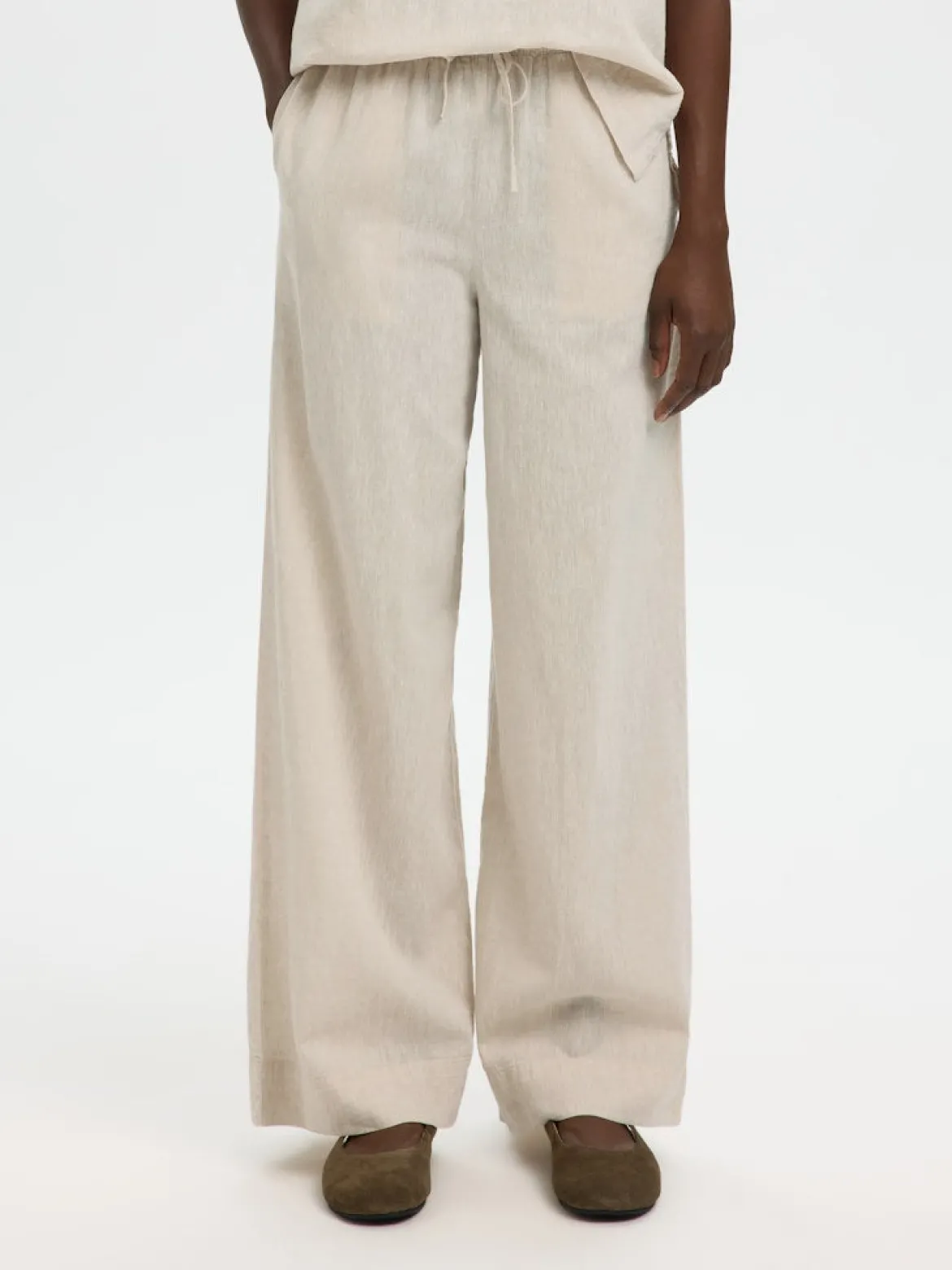 Selected Femme naisten housut SLFLuisa MW Wide Linen Blend Pant, Sandshell