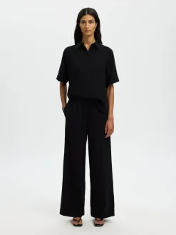 Selected Femme naisten housut SLFLuisa MW Wide Linen Blend Pant, musta