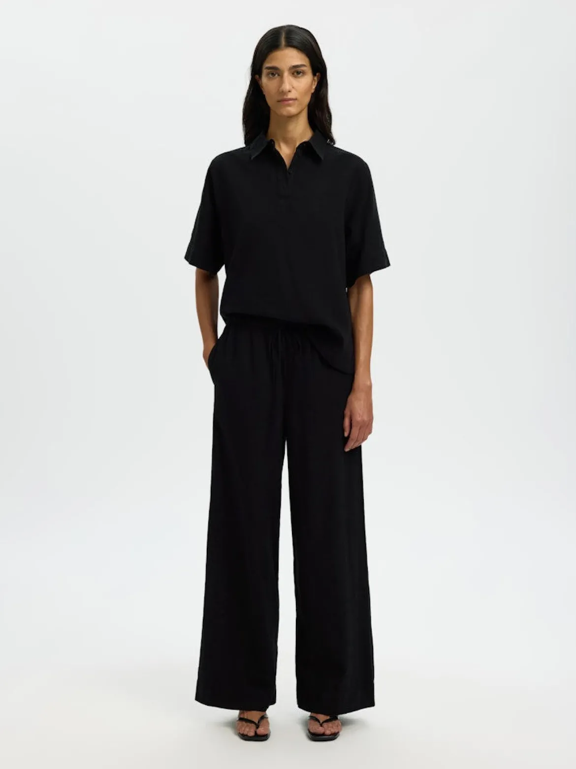 Selected Femme naisten housut SLFLuisa MW Wide Linen Blend Pant, musta