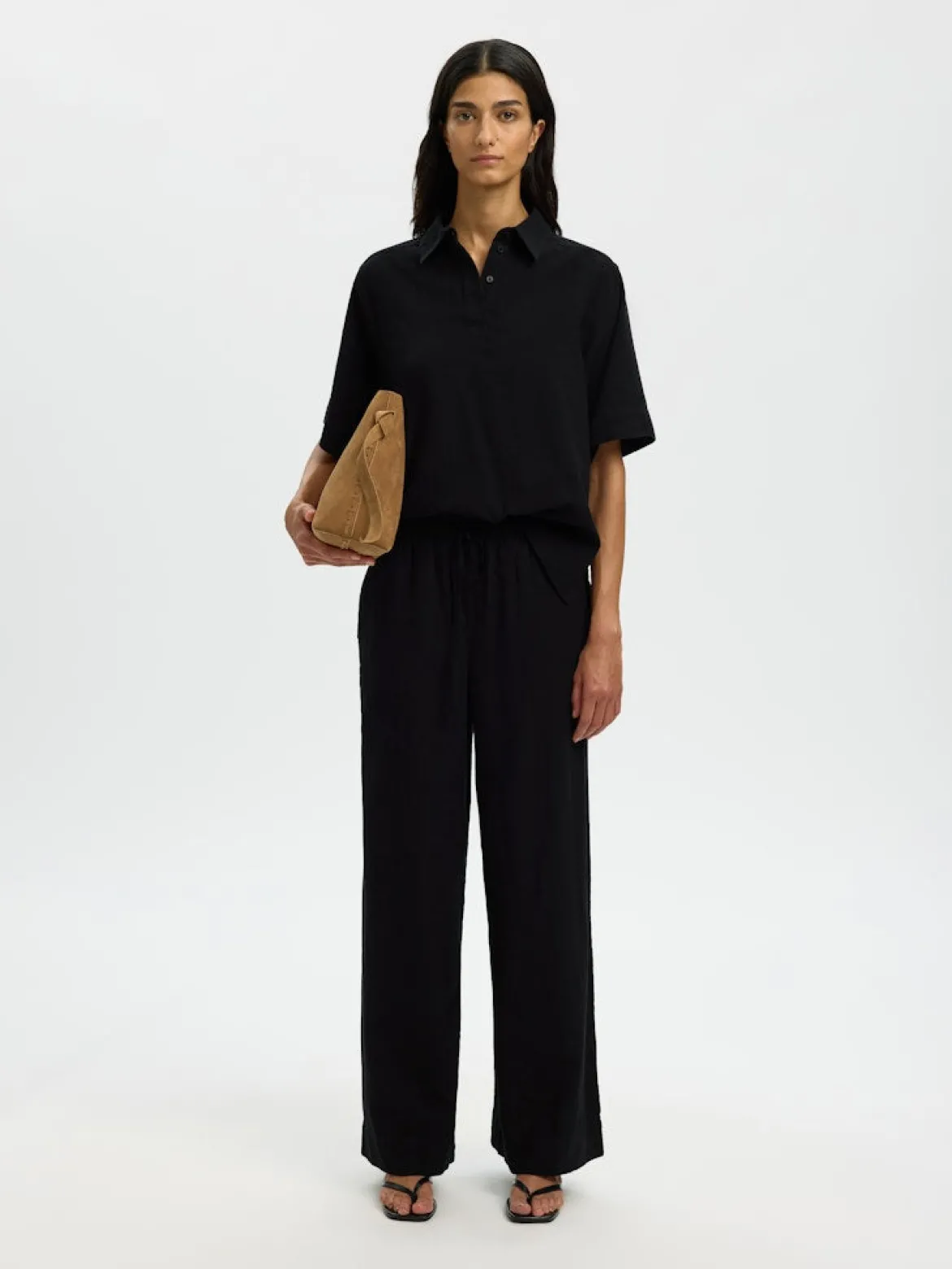 Selected Femme naisten housut SLFLuisa MW Wide Linen Blend Pant, musta