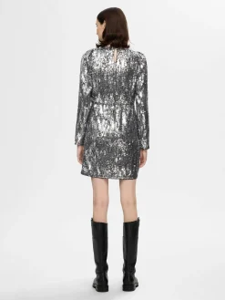 Selected Femme naisten mekko, SLFARI-COLYN LS SHORT SEQUINS DRESS B Hopeanharmaa