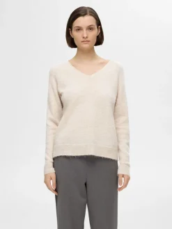 Selected Femme Naisten Neule, SLFLULU NEW LS KNIT V-NECK B NOOS Luonnonvalkoinen