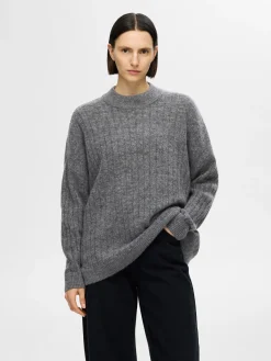 Selected Femme naisten neule, SLFMALINE LS KNIT HIGH NECK Grafiitti