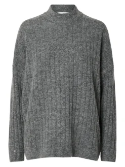 Selected Femme naisten neule, SLFMALINE LS KNIT HIGH NECK Grafiitti