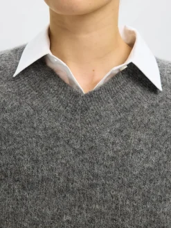 Selected Femme naisten neulepusero, SLFSIA RAS LS KNIT LONG V-NECK Medium Grey Melange