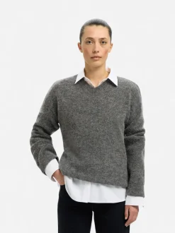 Selected Femme naisten neulepusero, SLFSIA RAS LS KNIT LONG V-NECK Medium Grey Melange