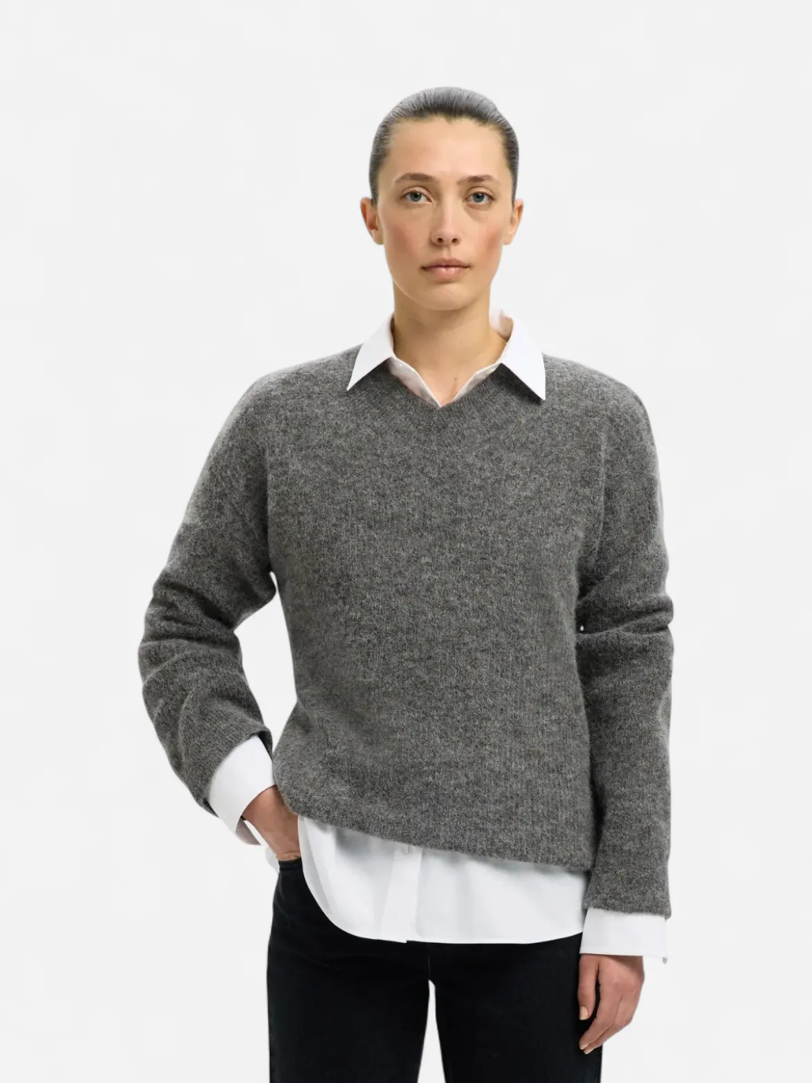 Selected Femme naisten neulepusero, SLFSIA RAS LS KNIT LONG V-NECK Medium Grey Melange