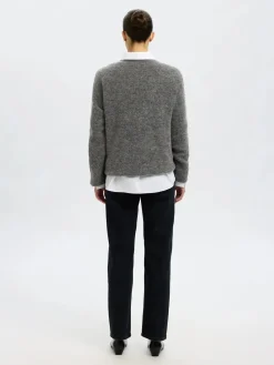 Selected Femme naisten neulepusero, SLFSIA RAS LS KNIT LONG V-NECK Medium Grey Melange