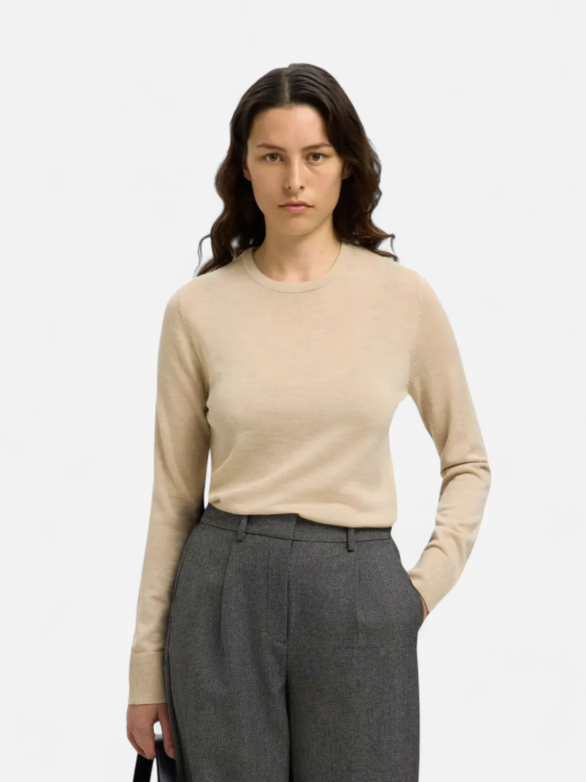 Selected Femme Naisten Neulepaita, Slfthea LS Knit Merino O-Neck Noos Oatmeal