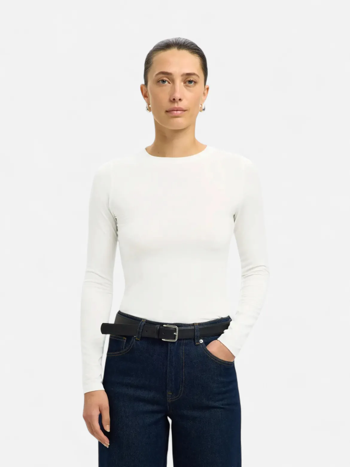 Selected Femme naisten paita SLFMANJA LS O-NECK NOOS, Snow White