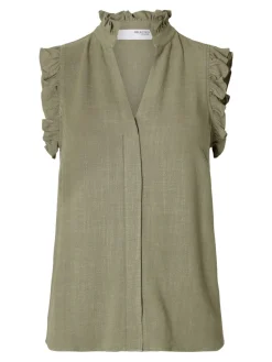 Selected Femme naisten toppi, SLFVIVA SL RUFFLE TOP Khaki