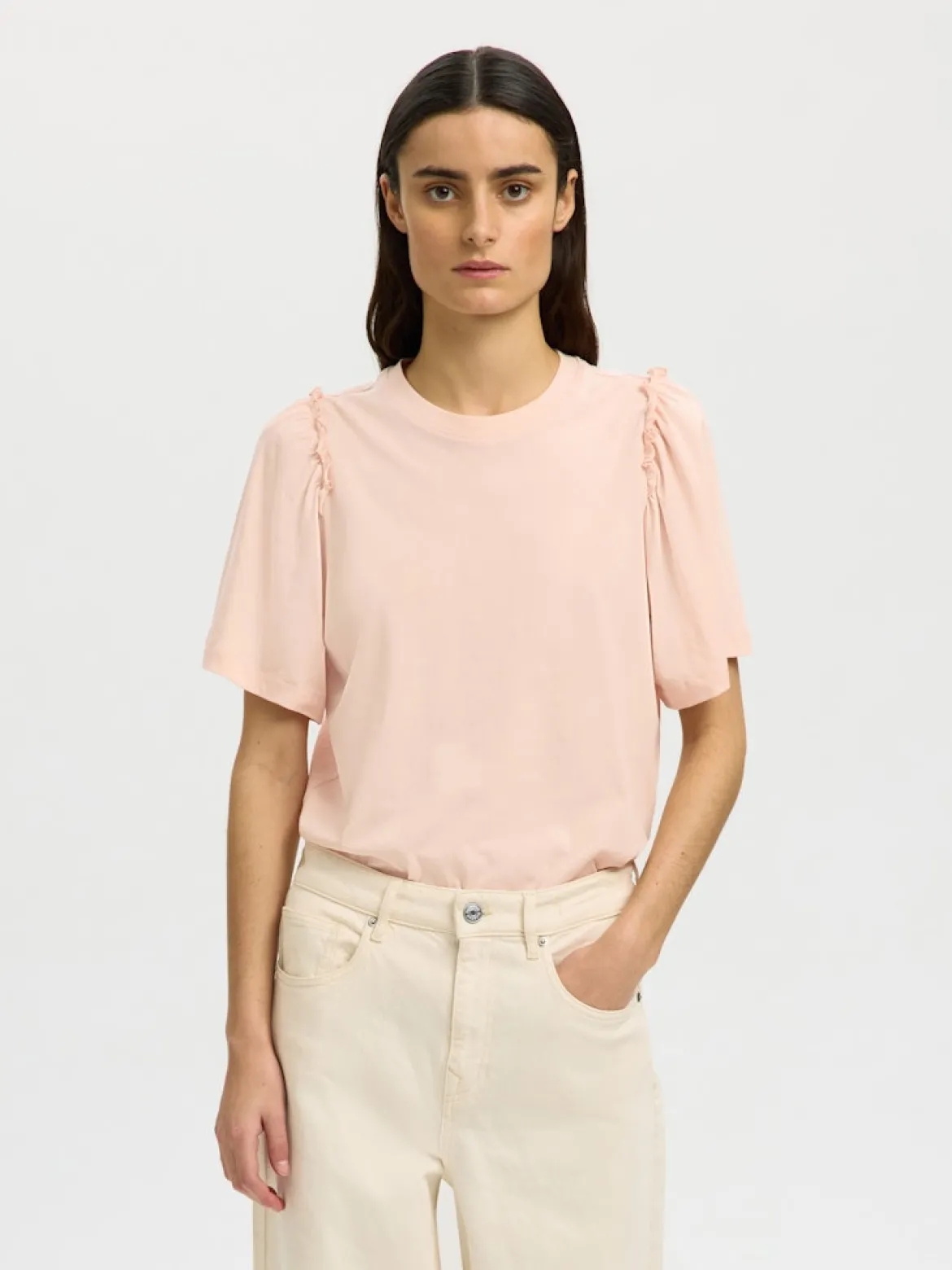 Selected Femme naisten t-paita SLFPENELOPE 2/4 Ruffle Tee, Pale Dogwood