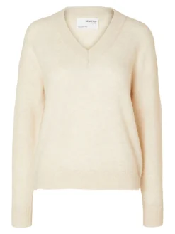 Selected Femme neule, SLFMALINE LS KNIT V-NECK Luonnonvalkoinen
