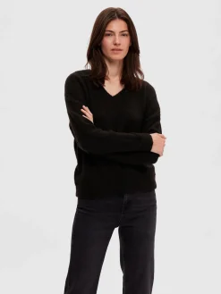 Selected Femme neule, SLFMALINE LS KNIT V-NECK Musta
