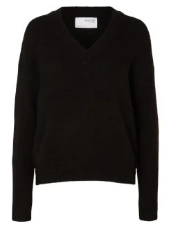 Selected Femme neule, SLFMALINE LS KNIT V-NECK Musta